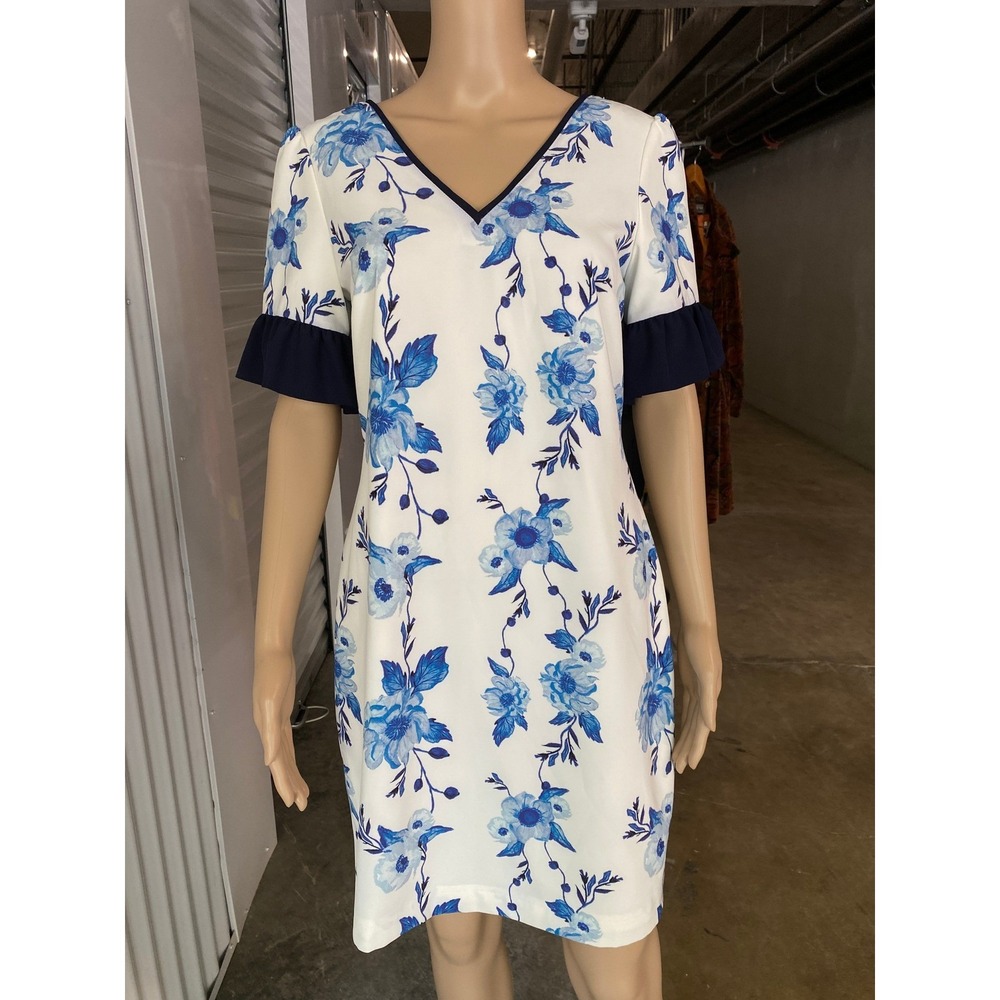 Camilyn Beth Spring Floral Mini Dress White Blue Ruffle Sleeve V Neck  Size 6 M - Picture 2 of 9